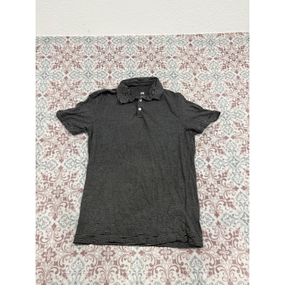 HM Mens Slim Fit Polo Shirt Black White Striped Short Sleeve Size S